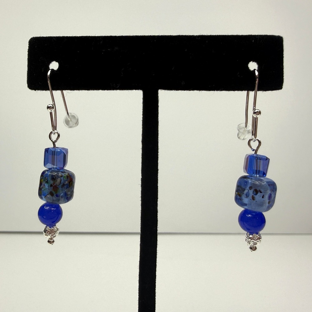 Floral Blue Glass Beaded Dangle Drop Earrings Silver Plated Accent Beads Jewelry
